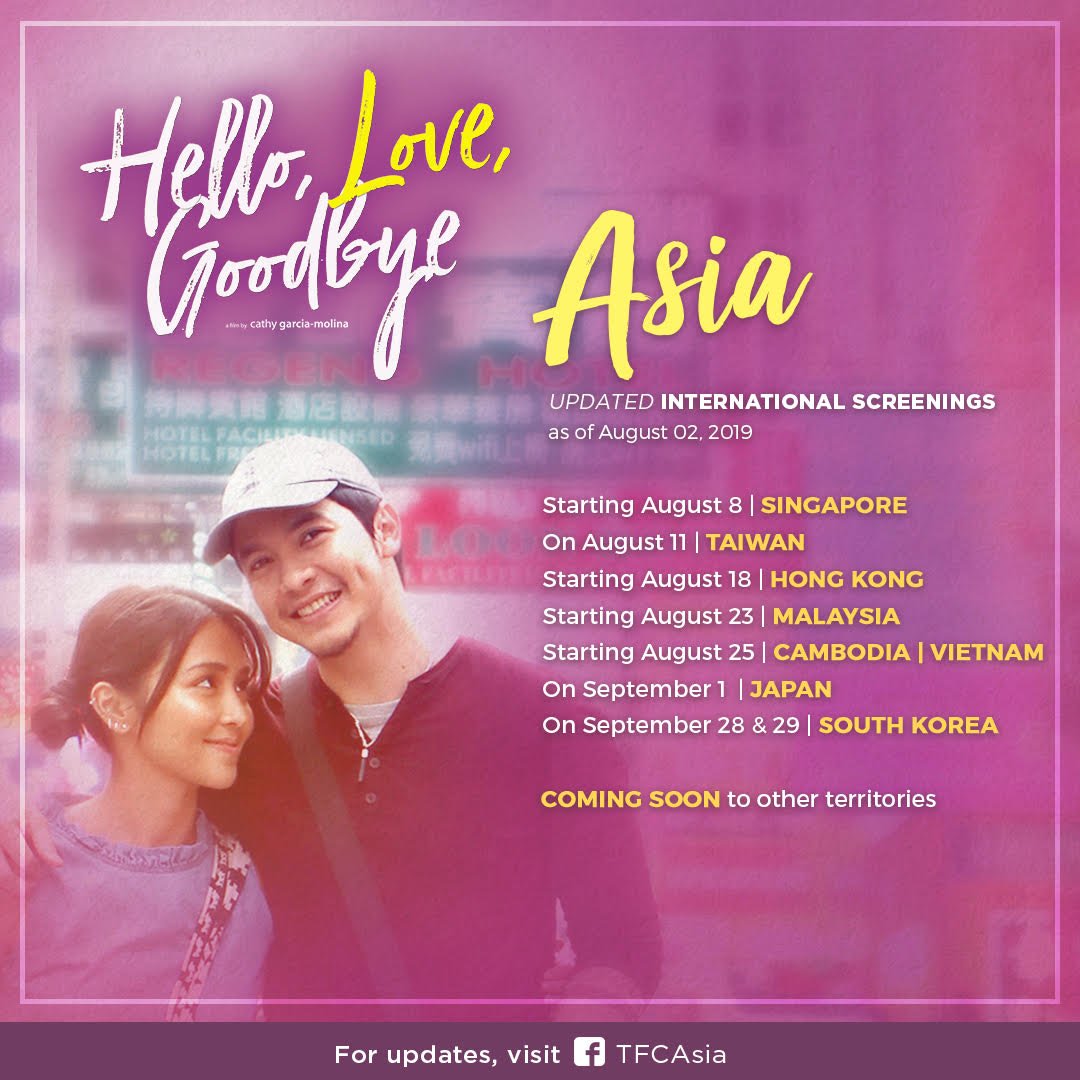Mga Kapamilya sa Asya! Abangan ang screenings ng #HelloLoveGoodbye sa Singapore, Taiwan, Hong Kong, Malaysia, Cambodia, Vietnam, Japan, and South Korea! 

COMING SOON to Indonesia, Thailand, and Myanmar! 😊
#HelloLoveMonday
