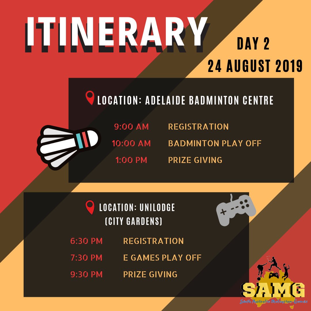 MASCA_SA's tweet photo. [ SAMG 2019 | ITINERARY]

As you all know that SAMG 2019 will be going on for 3 days, here’s the full itinerary for all the sport segments! 

P.S. To all E-Games participants, please take note that we have changed the venue to Unilodge at City Gardens. https://t.co/cMSKlGYXNf