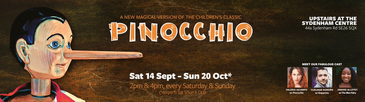 After our magical #AliceinWonderland show tickets are now sale for the next #familytheatreshow #UpstairsattheSydenhamCentre #PINOCCHIO! 20 perfs from Sat 14 Sept-Sun 20 Oct (not inc 5/6 Oct). Shows daily at 2 & 4pm. Book at @KirkdaleBooks 020 8778 4701 spontaneousproductions.co.uk/events/pinocch…