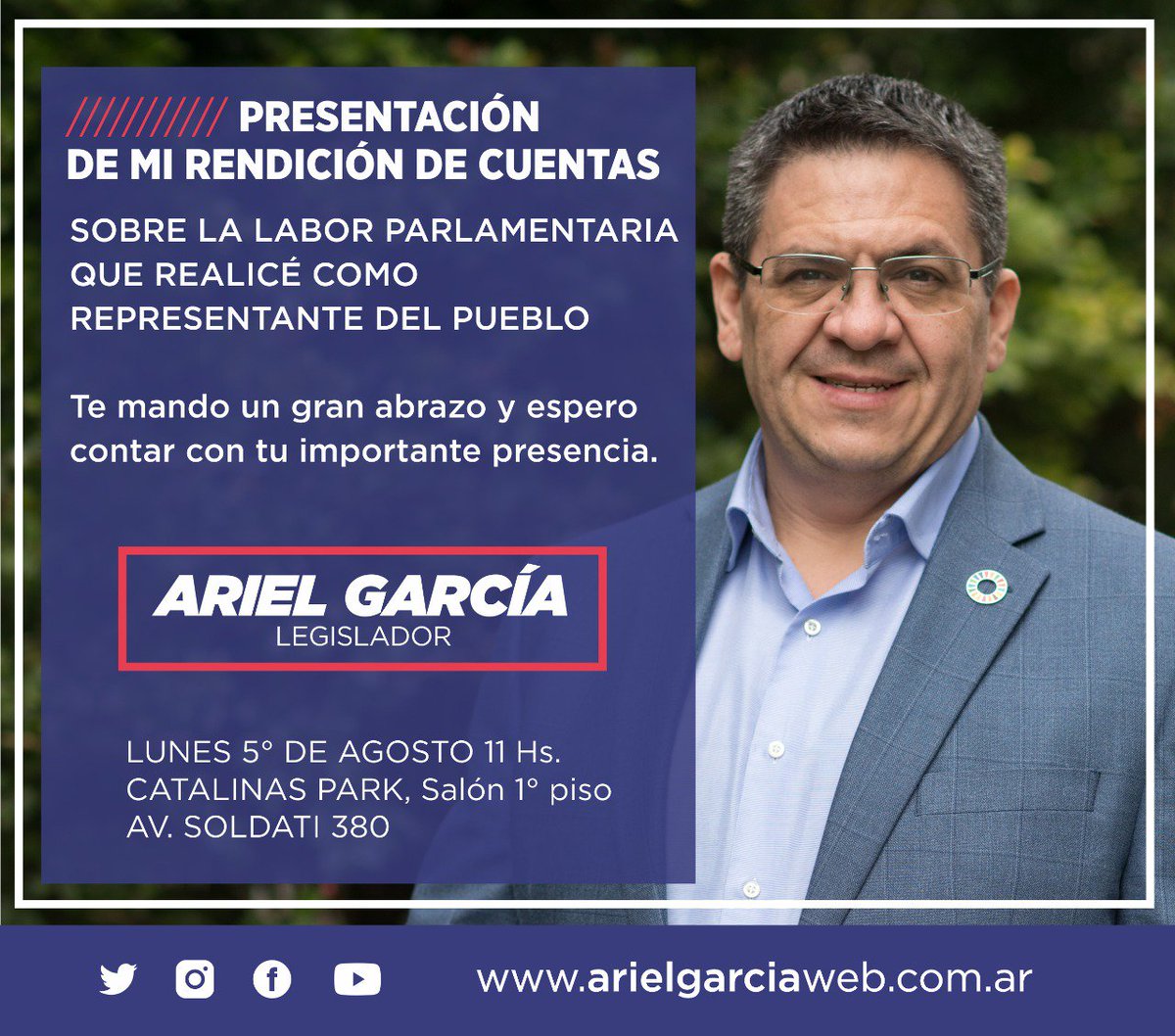 Agustinlobo1516's tweet photo. Hoy #BuenLunes 11 hs Hotel Catalina Park @ArielGarciaUCR hace la presentación de su labor legislativa.. Con 63 leyes aprobadas!!
#AhoraLavagnaGarcia
#ConsensoFederal
#Lista137A https://t.co/n5raXJWuaw