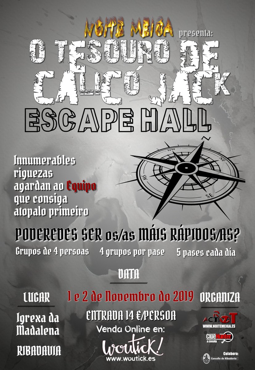 NoiteMeiga's tweet photo. NOVIDADE  NOITE MEIGA 2019

Chega a  nova variante dous Escape   Room a Ribadavia!! E  traémola  á   Noite Meiga.

Ou Escape Hall: Ou  TESOURO DE  CALICÓ JACK.

Innumerables riquezas  agardan  ao equipo que consiga  atopalo  primeiro.  Poderás ser ou  máis rápido? https://t.co/wUVNMLjqJj