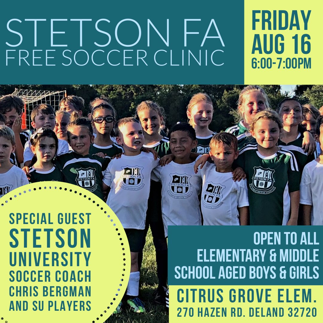 TrainingNicole's tweet photo. We’re so excited to have Stetson University Head Women’s Soccer Coach Chris Bergmann and SU players help kick off our Fall 2019 soccer season with a Free Soccer Clinic!!! This is a great soccer community event and we hope to see you there. #stetsonwomensoccer #givingback https://t.co/MqqhleyIuU