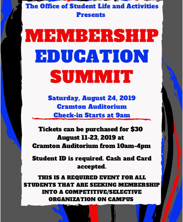 HUCampusLife's tweet image. MES is required for all students seeking membership into a selective organization on campus and is valid for two years. This semester’s Membership Education Summit will take place August 24. Please reference the flyer for more information.