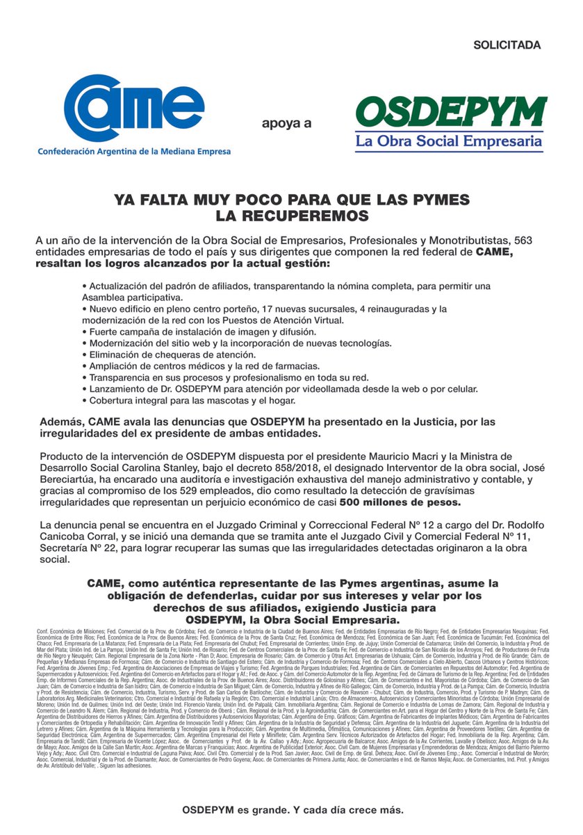 redcame's tweet photo. 563 entidades de todo el país y sus dirigentes que componen nuestra red federal muestran su absoluto apoyo hacia los logros alcanzados en la actual gestión de @Osdepym y avalan la denuncia de graves irregularidades por parte del ex presidente de ambas entidades #OSDEPYMESDETODOS https://t.co/GCF7P7CKgB
