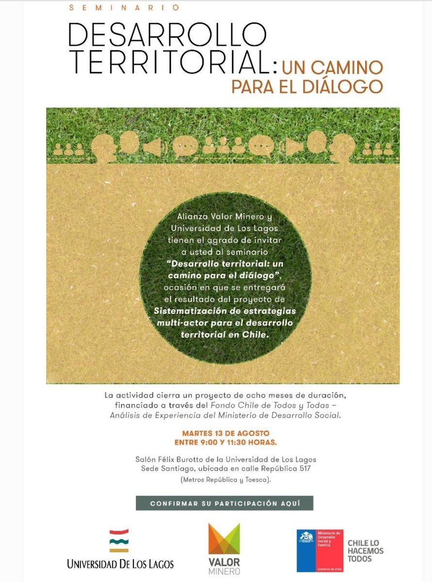 No lo dejes pasar. Desarrollo territorial: un camino para el diálogo. Ven al seminario de <a href="/ValorMineroCL/">Valor Minero</a> <a href="/ULagosOficial/">Universidad de Los Lagos</a>. Este 13 de agosto. Inscríbete en docs.google.com/forms/d/e/1FAI… rt <a href="/ProyectoIDT/">Proyecto IDT</a> <a href="/dmlynarz/">Danae Mlynarz Puig</a> @dsocial_gob