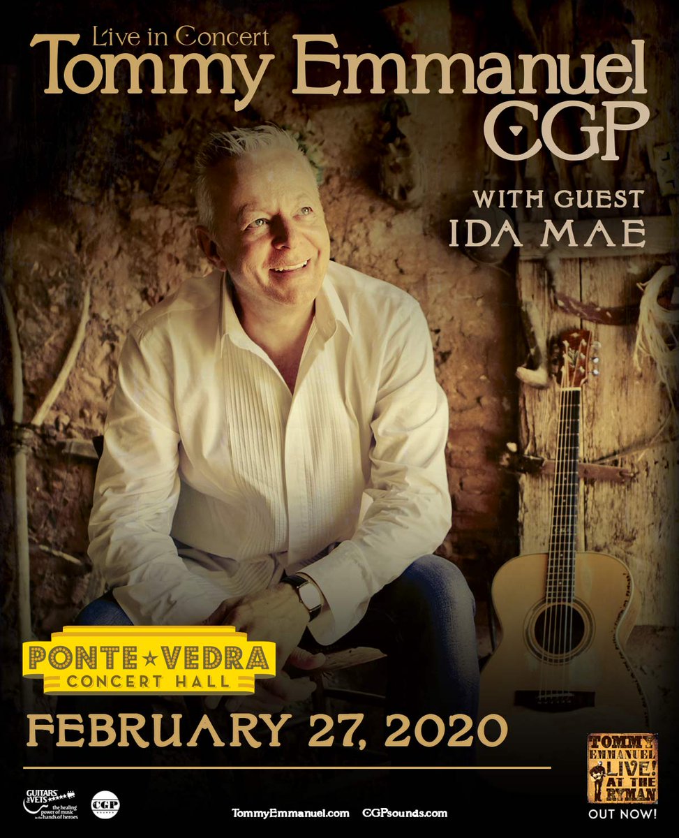 The @PV_ConcertHall is thrilled to announce that Certified Guitar Player @tommyemmanuel will perform at the Ponte Vedra Concert Hall the with guest @idamaemusic on Thursday, February 27, 2020! Tickets go on sale this Friday, August 9 at 10am!