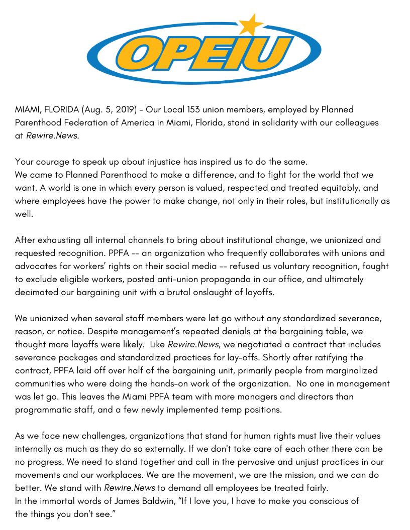 Statement from OPEIU Local 153 members at Planned Parenthood in Miami in support of <a href="/RewireNewsUnion/">Rewire.News Union</a> members. ✊🏾✊🏼✊🏿✊🏻✊🏽#1u #SolidarityForever <a href="/WBNG32035/">Washington-Baltimore News Guild</a>