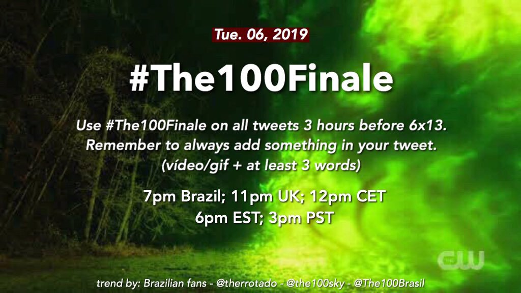 Join fans as we try to trend #The100Finale tomorrow night before #The100’s Season 6 finale! Info and times below. (organised by <a href="/therrotado/">ִֶָguilherme</a>, <a href="/the100sky/">The 100 do Céu</a> &amp; <a href="/the100brasil/">The 100 Brasil</a>)
