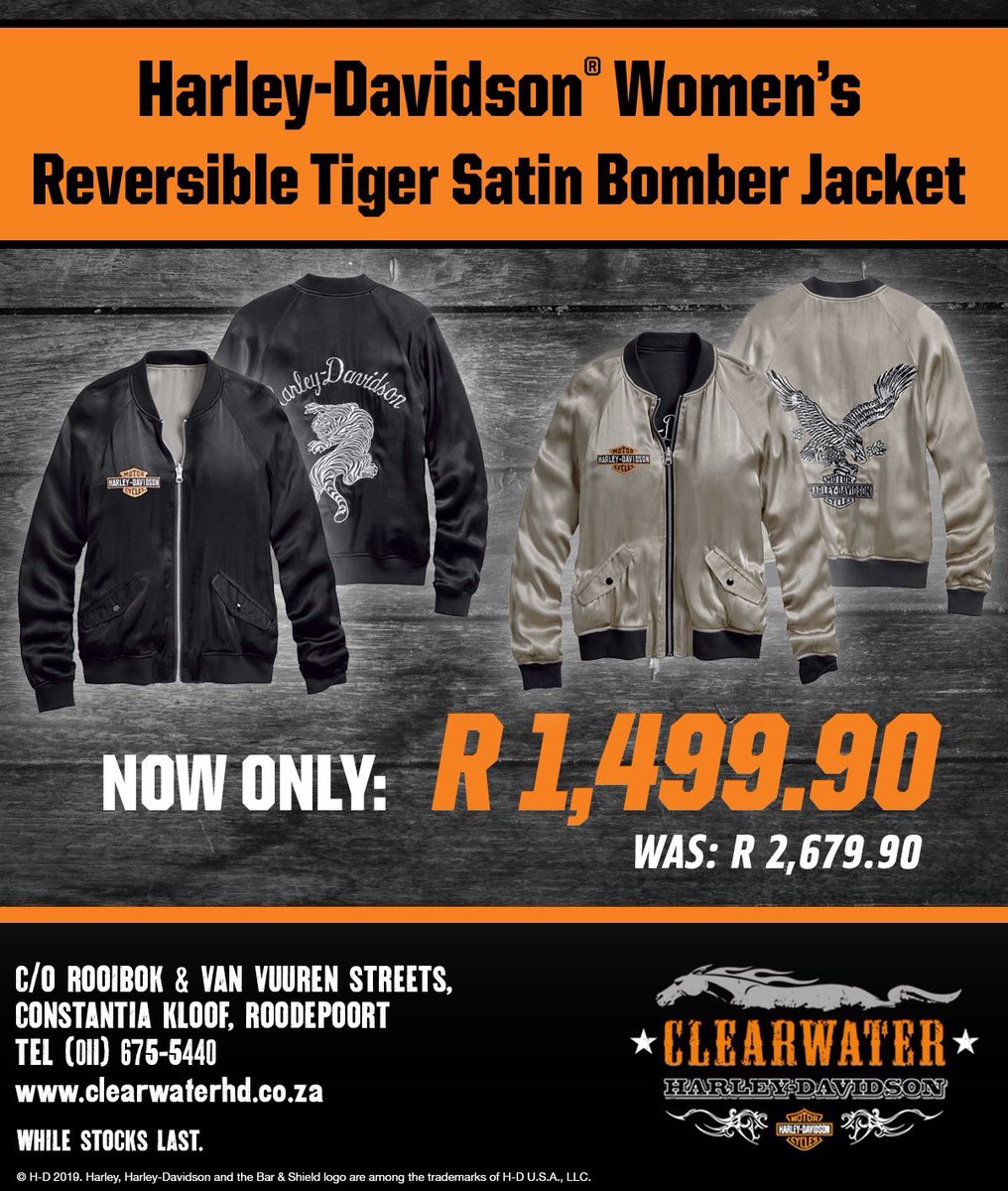 Harley-Davidson® Women's Reversible Tiger Satin Bomber Jacket now on SPECIAL for R 1,499.90 from Clearwater Harley-Davidson. Chat to Susan on 011-675-5440. While stocks last.