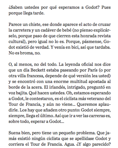 JotDownSpain's tweet photo. @bibianacandia @gn_rebeca @Barbaraayuso @DiegoCuevasJD @CorazonRural @JuanJoseGomezC1 @valenzuelismos En «El centauro cartesiano» Kenner cuenta lo que le dijo Beckett: «Ciclista veterano, calvo, aficionado, presente en carreras de pueblo y hasta en el campeonato francés. Se llamaba Godeau (suena parecido a Godot)».
Atentos a esto de @MarcosPereda2 #JD28 https://t.co/2u7WiE16kc https://t.co/qFHlSetXaU