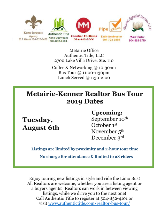 AuthenticTitle's tweet image. Metairie-Kenner, Broker Open House Limo Bus Tour conta.cc/2MEtpjm