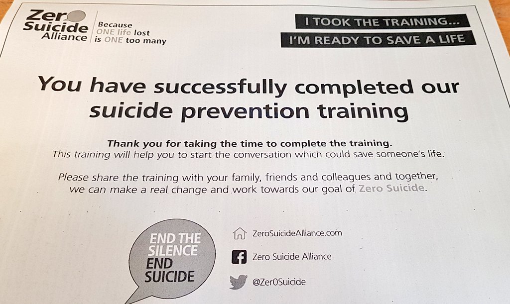 Just completed my training. Only takes about 20 mins. You never know when you may need to ask the question 'are you feeling suicidal'? I asked someone recently and then signposted them to some help. Worth everyone doing this quick online free training course #seesaysignpost