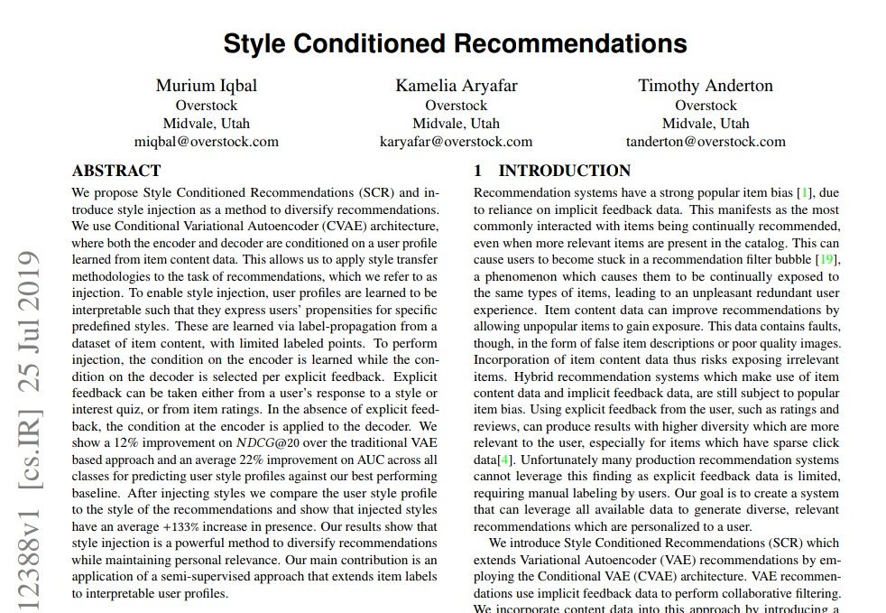 murium9's tweet photo. Check out the preprint for our new RecSys paper Style Conditioned Recommendations to learn how to apply style transfer to recs for diversification https://t.co/gcj9m2vr0E @KAryafar @ACMRecSys @anderton_tim #RecSys #MachineLearning https://t.co/X9cb2zQK78