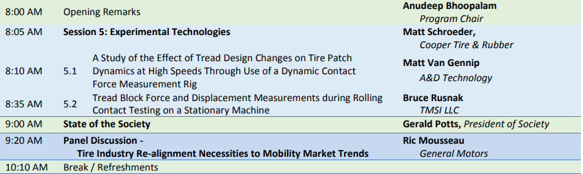 thetiresociety's tweet image. Session 5: Experimental Technologies, chaired by Matt Schroeder of @CooperTire. #treadpattern #contactpatch #dynamics. Today 5 August 2019 is the final day to recieve the early bird rate. #tiresociety2019 Here is the registration link: tiresociety.org/tire/CONFERENC…