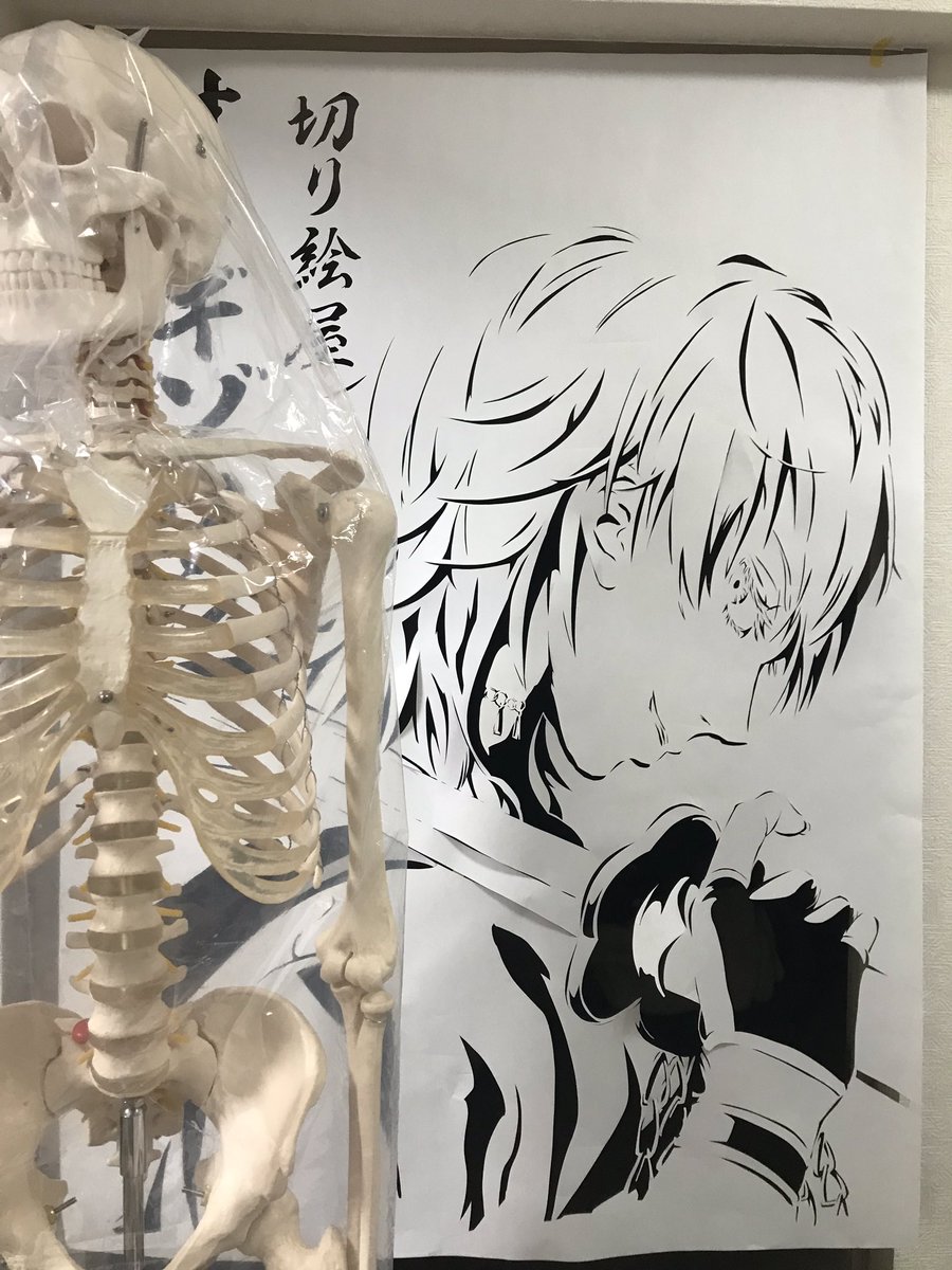 西4H-28a「オトギゾウシ」切り絵サークルです。
コミケ当日のスペース目印用にでっかい切り絵でポスター作った!!新刊表紙の鶴丸さんを目印に来てください。2枚目は大きさ比較用の一般的な骨格標本。こんなでかい切り絵切ったの初めてだ 