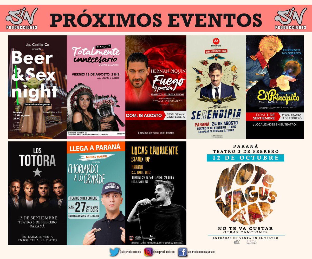 Próximos eventos!!!
<a href="/connieballarini/">Connie Ballarini</a> <a href="/HernanPiquin/">Hernan Javier Piquin</a> <a href="/soyradagast/">soyradagast</a> #ElPrincipito <a href="/Los_Totora/">Los Totora</a> <a href="/elmiguelmartin/">Oficial Gordillo</a> <a href="/lucaslauriente/">Lucas Lauriente</a> <a href="/ntvgoficial/">No Te Va Gustar</a>