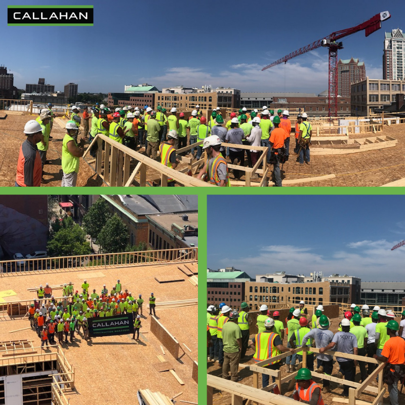 CallahanInc's tweet photo. We recently celebrated topping out the roof at 78 Fountain Street in #Providence! Our entire subcontractor team joined Shawnlee Construction on the roof and enjoyed some Durk’s BBQ for lunch! #WeAreCallahan #CallahanBuilt #Progress https://t.co/9ujSEr8708