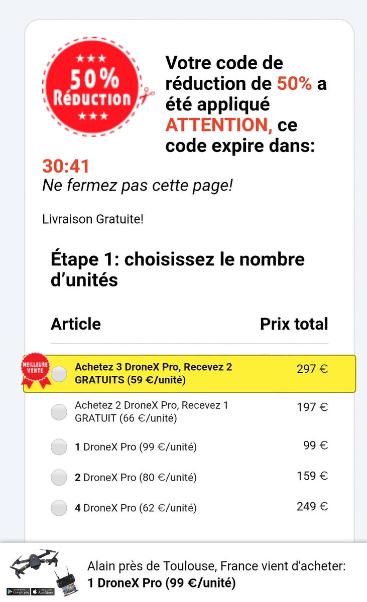 On continue ?Votre site  @lemondefr affiche aussi ce drone splendide avec une offre immanquable ! "Ne fermez pas la page", "il reste 30 minutes 41 secondes" et autres arnaques pour un drone de 99 euros....... trouvé très rapidement à moins de 40 euros sur un autre site.