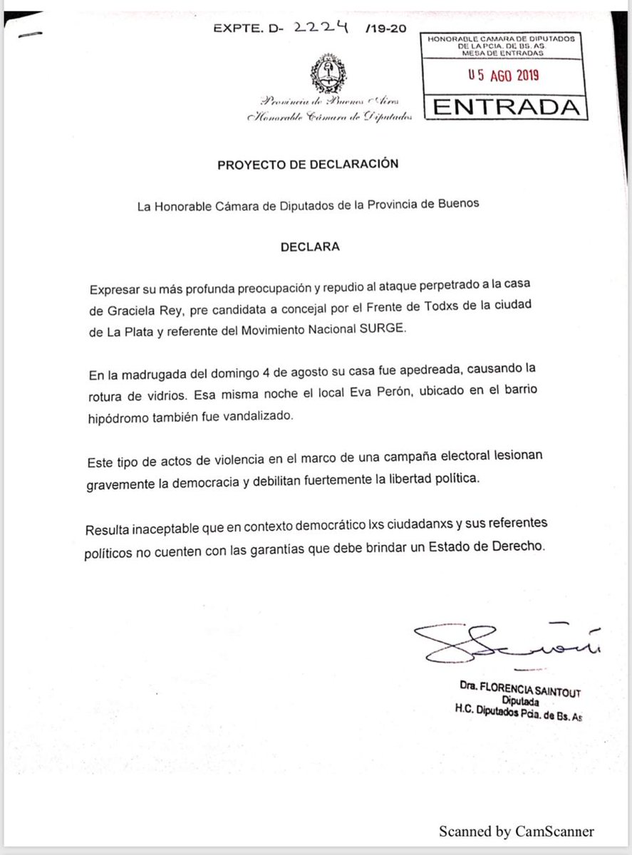 fsaintout's tweet photo. Hoy presenté un proyecto de declaración en @HCDiputadosBA en repudio al ataque que sufrió la compañera Graciela Rey, precandidata a concejala de la #Lista4 del @FrenteDeTodosLP y referenta del Movimiento Nacional SURGE. https://t.co/xZXXHi1UPS