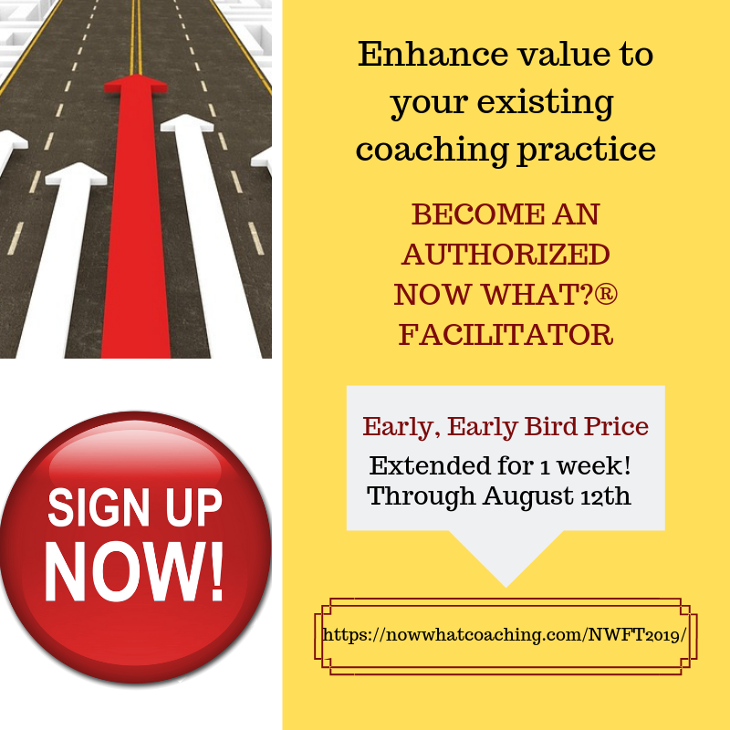 NowWhatCoaching's tweet photo. Early, Early Bird Price
Extended for 1 week!
Through August 12th
Enhance value to your existing coaching practice
BECOME AN AUTHORIZED NOW WHAT?® FACILITATOR
https://t.co/AEH9dvDxhE

#NowWhatCoaching #BeACoach #CareerCoach  #Coaching https://t.co/2DmVf5xRJB
