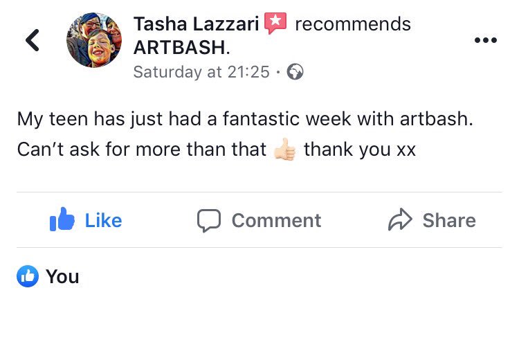 We love feedback. And it’s fab to hear good things regarding our #artbashteencamp #teenart #artworkshops #wellbeing #artbashandbe