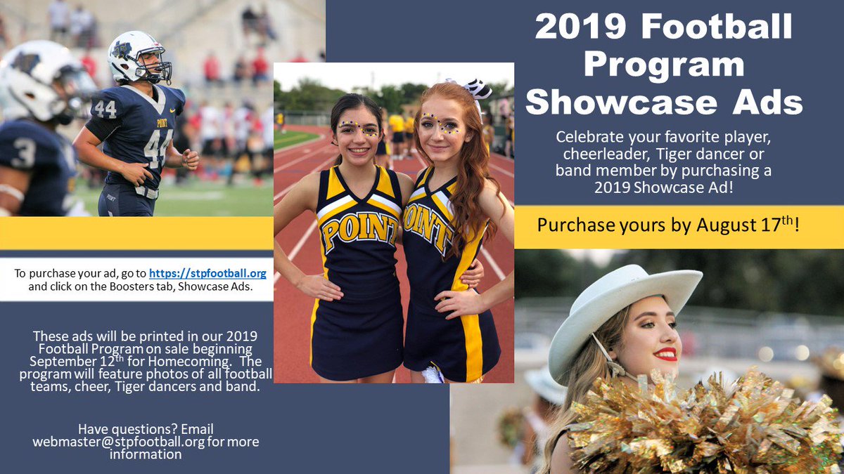 stpfootballbc's tweet photo. Tiger parents- show some love to your favorite player, cheerleader, Tiger dancer or band member with Showcase Ad! These will be printed in our program ready for Homecoming week! Celebrate your 9th, 10th, 11th or 12th grader! Purchase at https://t.co/kIPZwJqdRs by August 17th! https://t.co/IqeOMSt5xa
