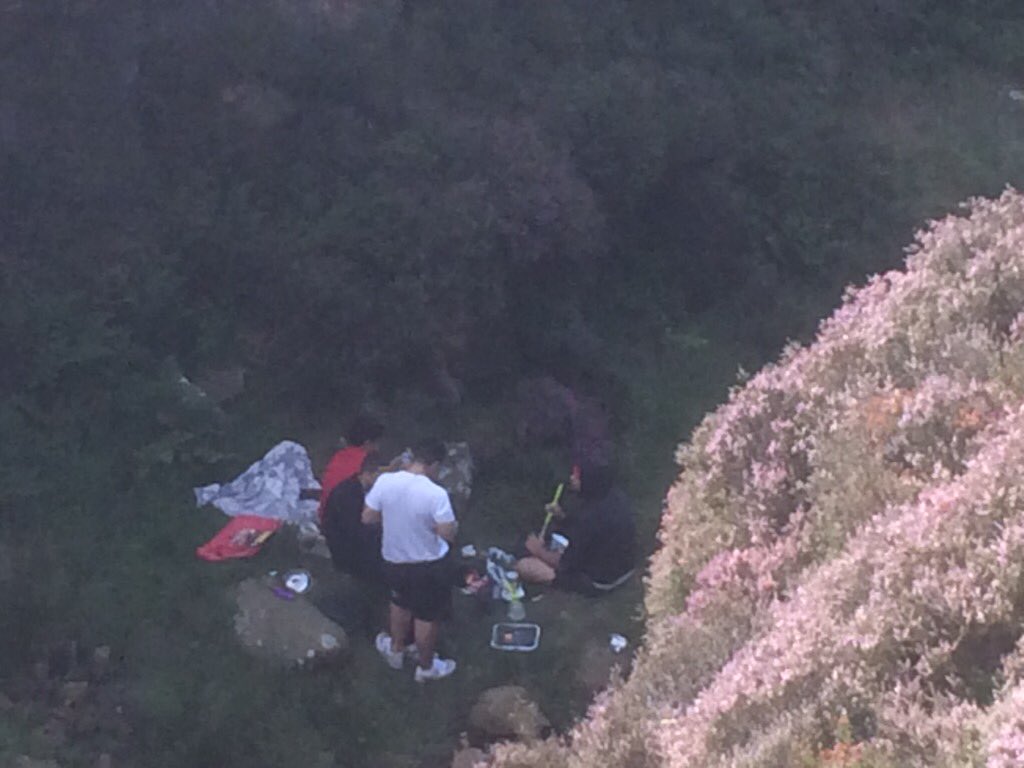 ⁦<a href="/WestYorksPolice/">West Yorkshire Police</a>⁩ group of youths barbecuing on Ilkley Moore right now. Where the stream comes down as a little waterfall. Don’t seem to know about the ban...