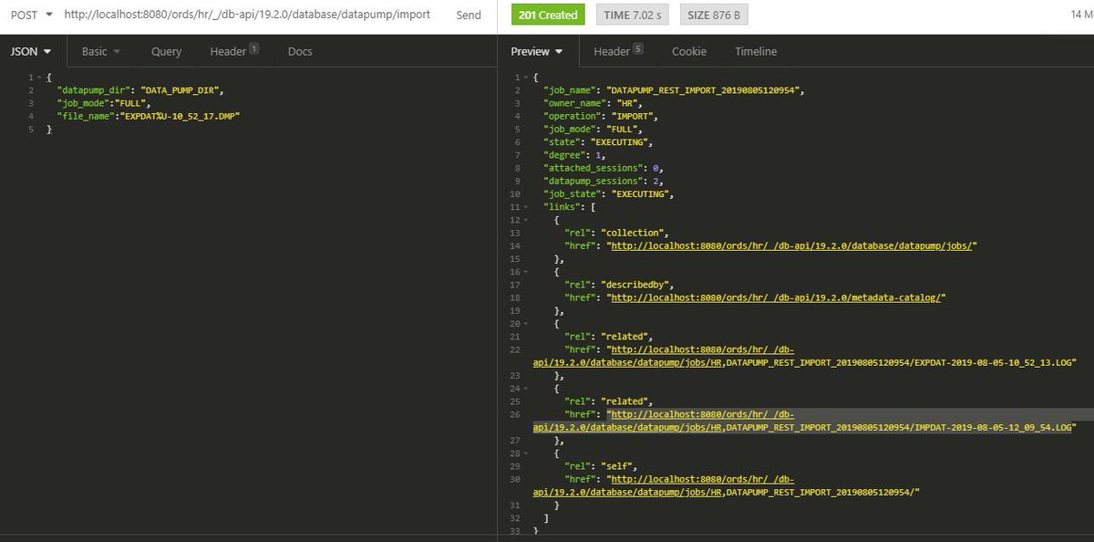 thatjeffsmith's tweet photo. Data Pump IMPORT jobs via @OracleREST => New feature in version 19.2. 

https://t.co/2L4i3GPznd

Also new, DBCA support, more on that later...

#oracle #dbapi #rest https://t.co/lXd3E3VrGK