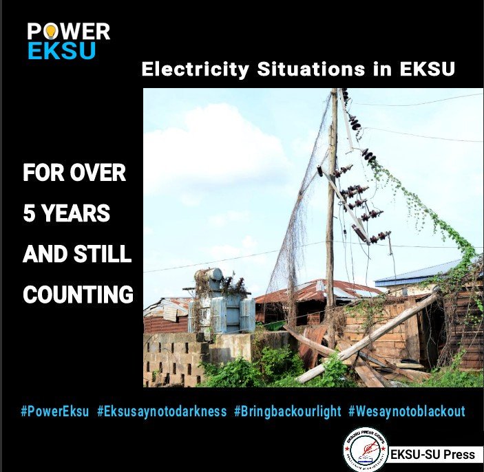 eksu_su's tweet photo. BLACKOUT: EKITI STATE UNIVERSITY STUDENTS CRY OUT FOR INTERVENTION
@kfayemi @bisifayemi @MobilePunch @vanguardngrnews @Voicefm899 @TheNationNews @OmoAdebayoo @enioluwa @thisisBOJ @Lindaikeji_Blog @PremiumTimesng @channelstv https://t.co/nei4o5lyRb