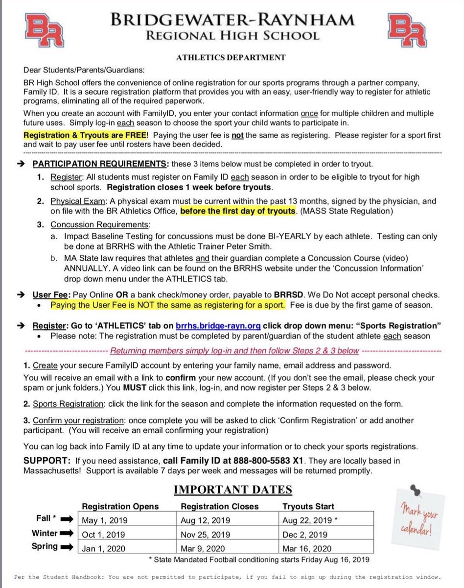 ⚠️REMINDER: Mandatory Fall Sports Registration will CLOSE next week at midnight on Mon 8/12‼️

Per the handbook: If you fail to SignUp before the deadline, you will NOT be allowed to participate that season.

➡️ bit.ly/B-R_signups