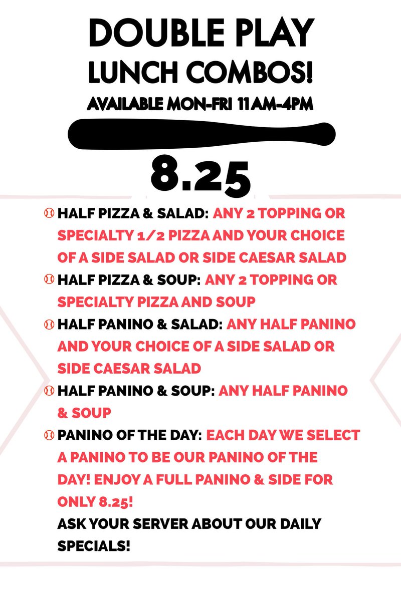 Have you tried our “Double Play Lunch Combos”? A great deal on GREAT food! Our #POD is the Cuban! See you soon! #panino #pizza #yummy