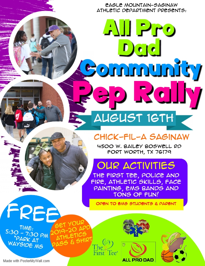emsisdathletics's tweet image. The EMS ISD All Pro Dad chapter kicks off it's 2019-20 campaign at the 2nd Annual CFA Community Pep Rally Friday, August 16th.  All EMS students and parents are welcome!