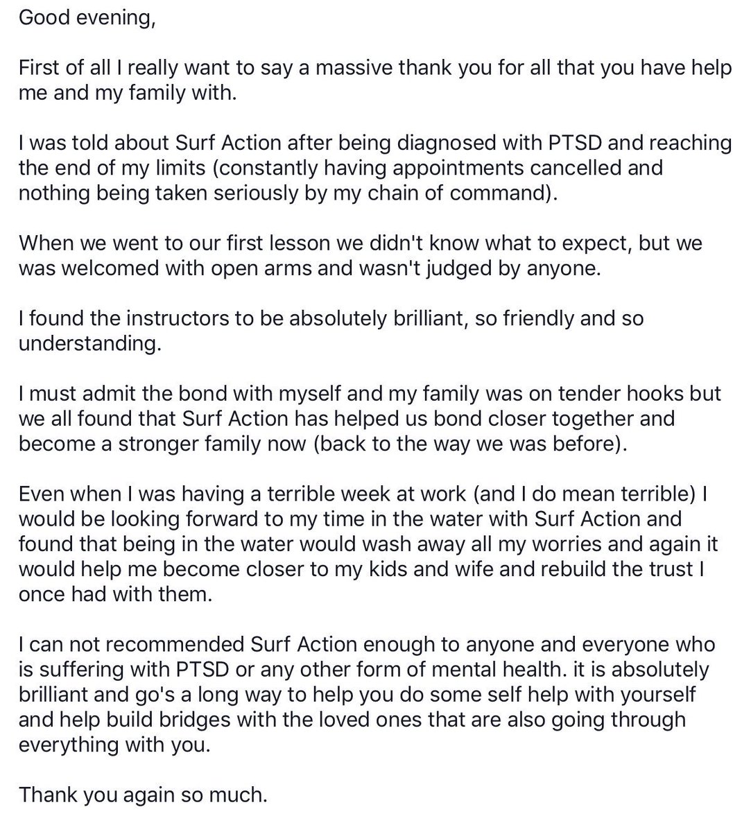 SurfAction's tweet image. A great letter of thanks from a serving Marine who we were asked to work with by his parent unit as no other charity could meet the timescale of the urgency of his situation. We worked with his whole family and had a great outcome😎🌊🏄🏻‍♂️ @theRMcharity @RNRMC @RoyalNavy @FiMTrust