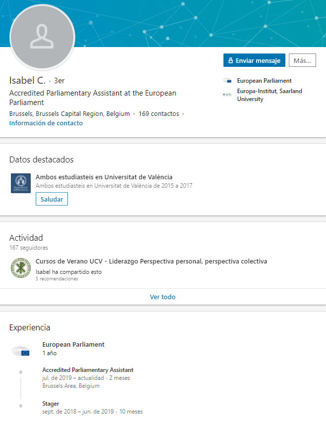sueldospublicos's tweet photo. Se hace público el nombramiento de la hija de Francisco Camps como asesora del Parlamento Europeo y a las pocas horas cambia el nombre de su perfil en LinkedIn y borra la foto https://t.co/H9NPg3ONnX @populares @Europarl_ES https://t.co/sllZwOy6s6