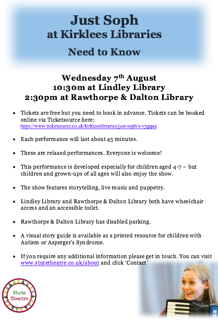 SophiaHatfield's tweet photo. THIS WEDS! @justsophtheatre will land at #LindleyLibrary and #RawthorpeDaltonLibrary. Lindley is SOLD OUT but there are still #Free tickets for Rawthorpe & Dalton @KirkleesLibrary #Storytelling #theatre & #music based on the #JustSoStories! Book Online: https://t.co/XW7MlHpVNB https://t.co/igbRqVuQHc