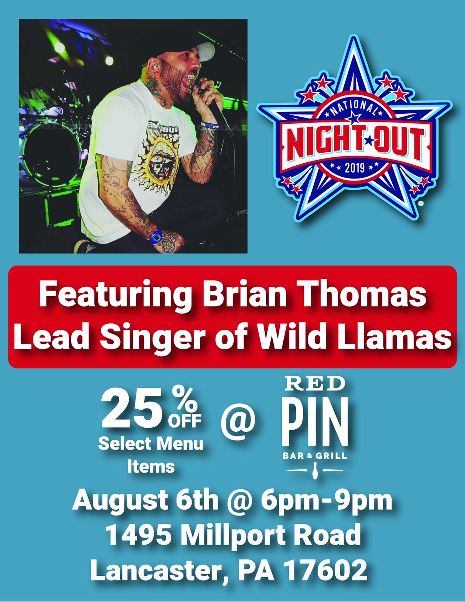 National Night Out is tomorrow and we have Brian Thomas, the lead singer of Wild Llama, performing! Bring your neighbors, friends, and family out for a great night at the Red Pin Bar &amp; Grill. #nationalnightout