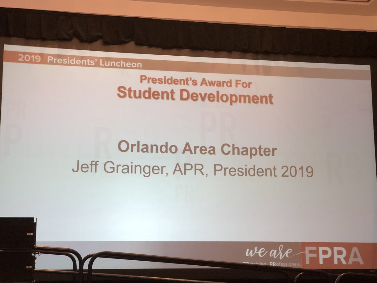 chrisgent's tweet photo. Congratulations to @FPRAOrlando which received the 2019 President’s Award for Student Involvement and Development. #FPRA81AC #fpra #fpraengaged https://t.co/dRZqfiyxbO