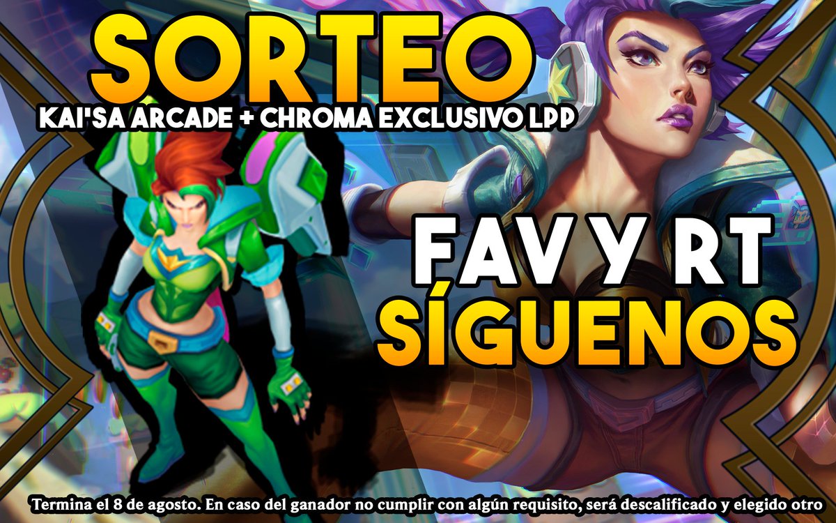 🎁 Sorteo Kaisa + skin Arcade + Chroma exclusivo 🎁 #LeaguePartner

Requisitos:
▶️Follow <a href="/paracetamor/">Paracetamor</a> 
▶️Follow <a href="/JotaGuinsoo/">🌴 Jota 🌞🌊</a> 
🔁RT y FAV ❤️ a este tweet.

Acaba el 08-08
🍀 Suerte 🍀 

Tenemos sorteitos iguales en nuestros Instagram 📸