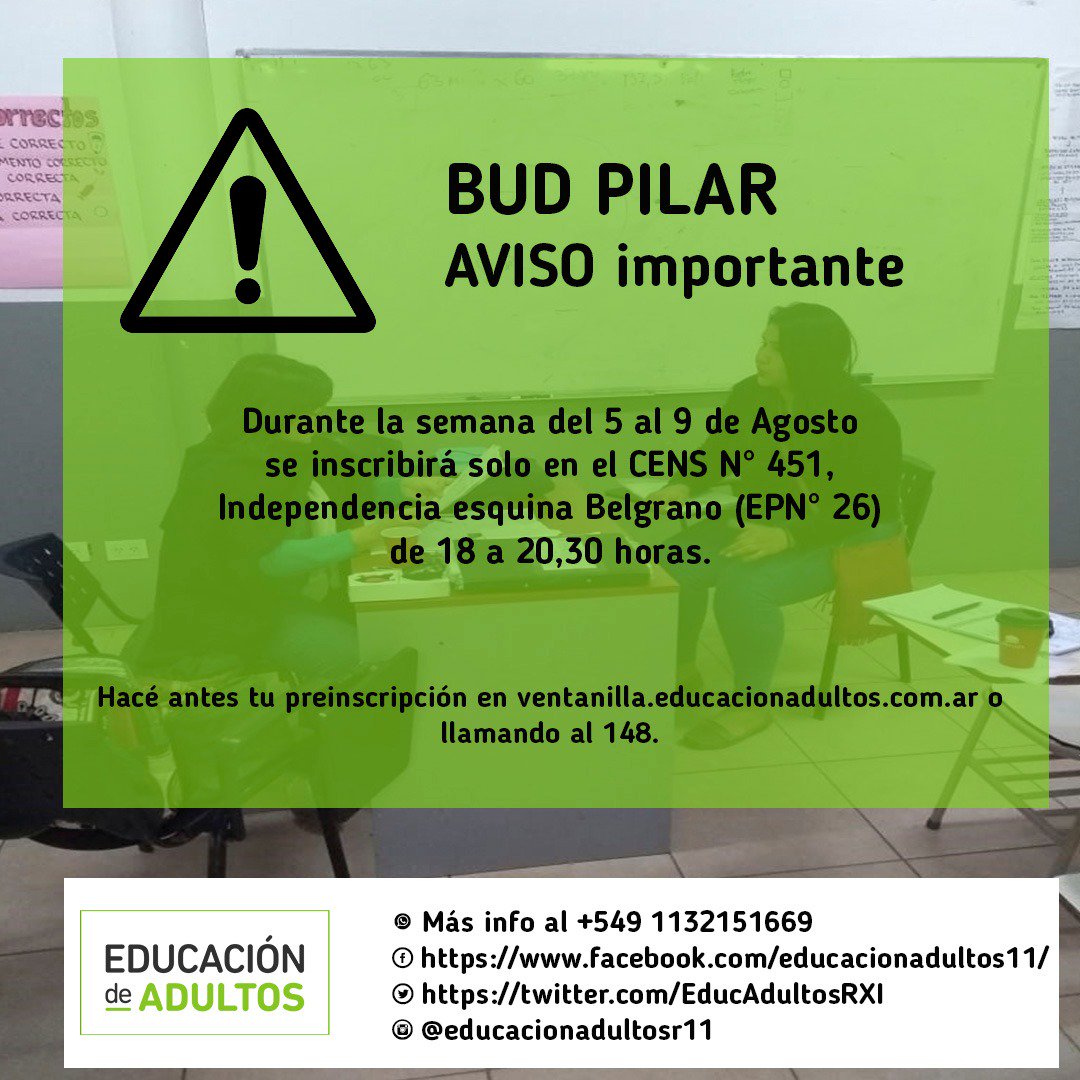 EducAdultosRXI's tweet photo. ATENCIÓN #BUD #PILAR: Del 5 al 9 de agosto solo se recibirá la documentación en el CENS N° 451 (Belgrano esq, Indenpendencia).
🤳 Info +5491132151669
#Fines #FinesTS #FinesDM #Secundario #Primario #CENS #SecundarioconOficios #CEBAS #SoydeAdultos https://t.co/8BZZyZSdYd