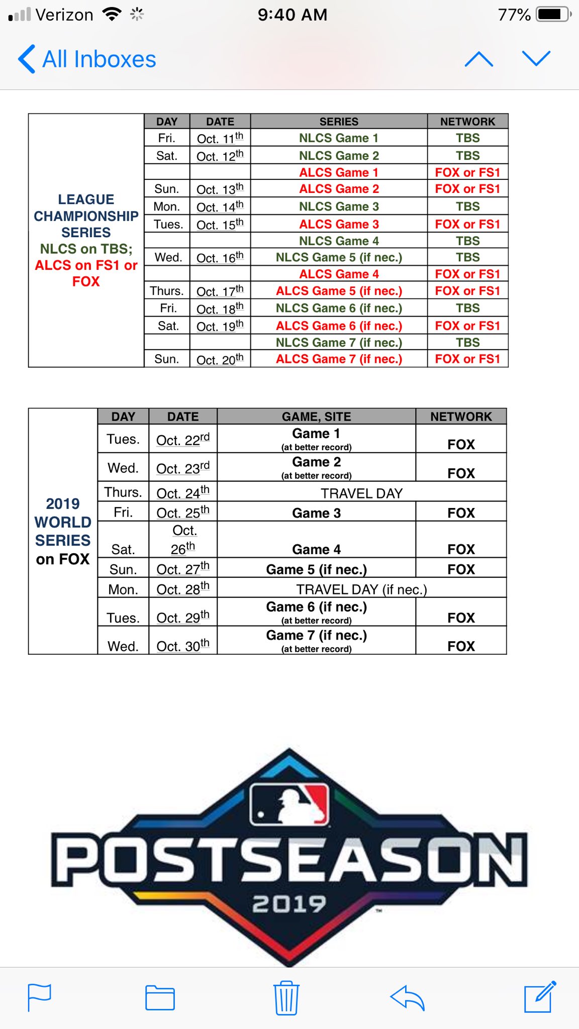 Bob Nightengale on Twitter: "The ALCS-NLCS and World Series schedule for 2019 #MLB Postseason…