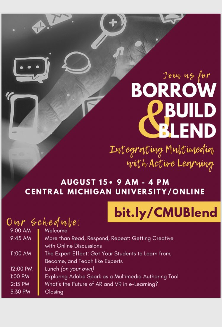 MrRondot's tweet image. Reminder! Any #MichEd friends looking to get back into the school mindset with free PD?? Check out first ever, Borrow, Build, &amp;amp; Blend at CMU (or online) on August 15th. I’m presenting with @GMcKinney2 on #ExpertEffectEDU Register: bit.ly/CMUBlend