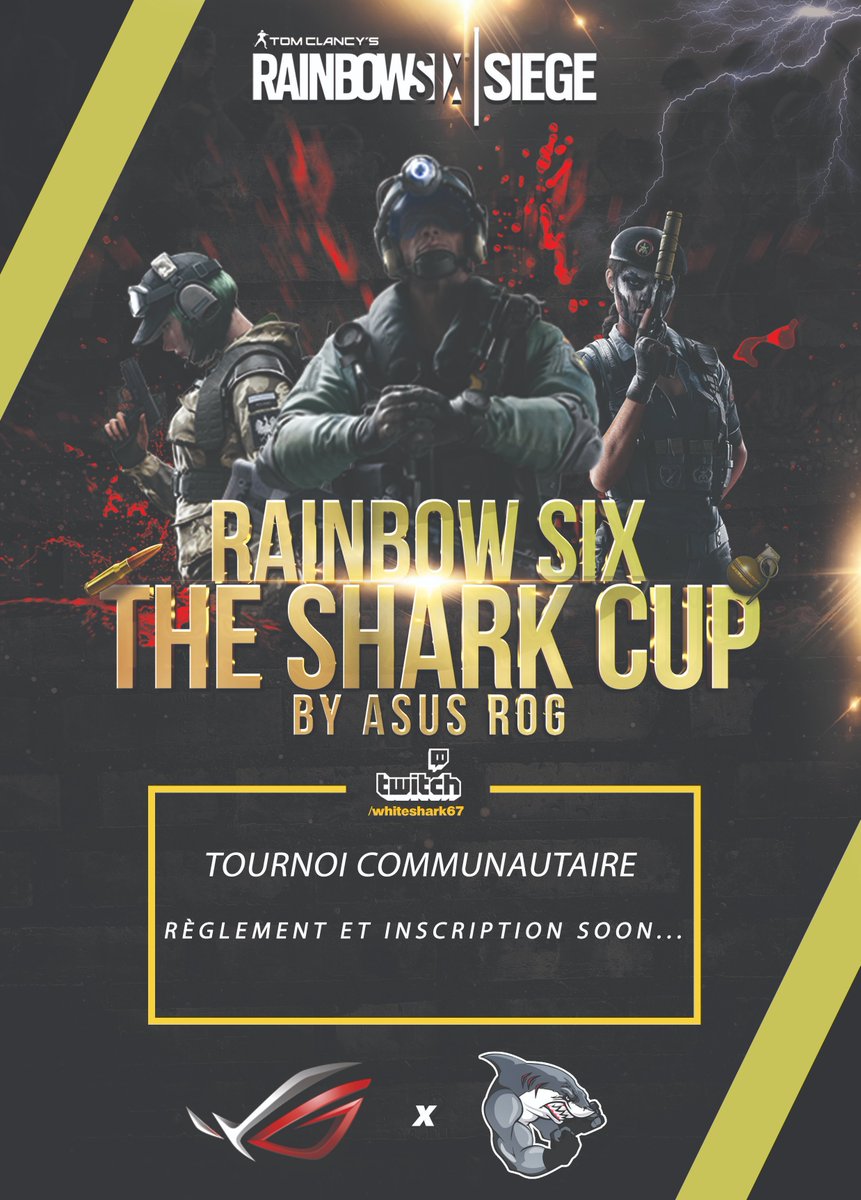 Wshark67's tweet photo. On commence ce samedi avec le tournois du requin ! tous les détails sont ici : 

- Pc uniquement
- Majeur &amp; platine 3 minimum
- Résider en france
- Lier son compte twitch/discord
- Pas de pro/ Ancien pro

RT en masse !
A vos inscriptions les gamers ! 
https://t.co/bvkXMjzf9L https://t.co/TGmxhShOYK