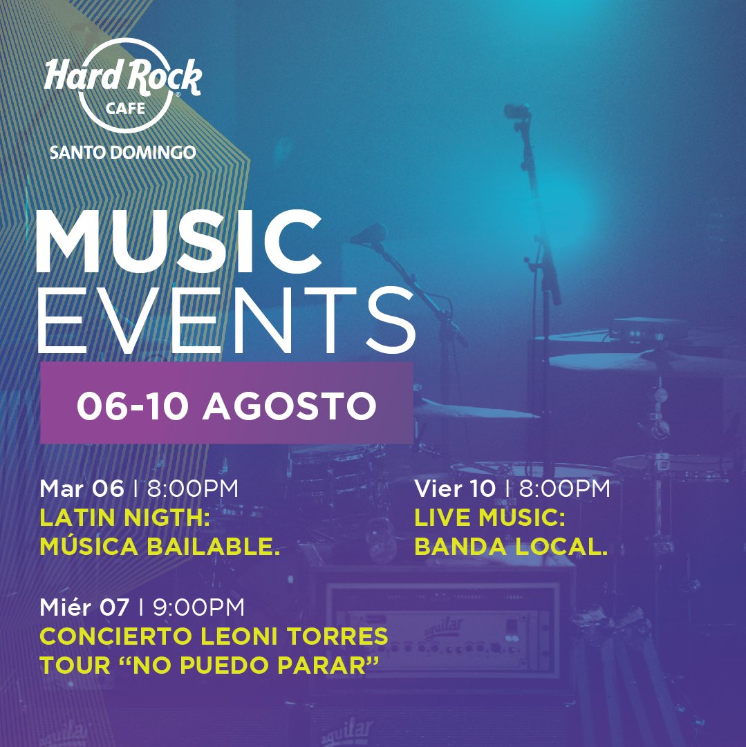 Estos son nuestros eventos de la semana. Cualquier información adicional, puedes escribirnos por DM o llamarnos al 809.686.7771. #ThisIsHardRock #HardRockCafeSantoDomingo