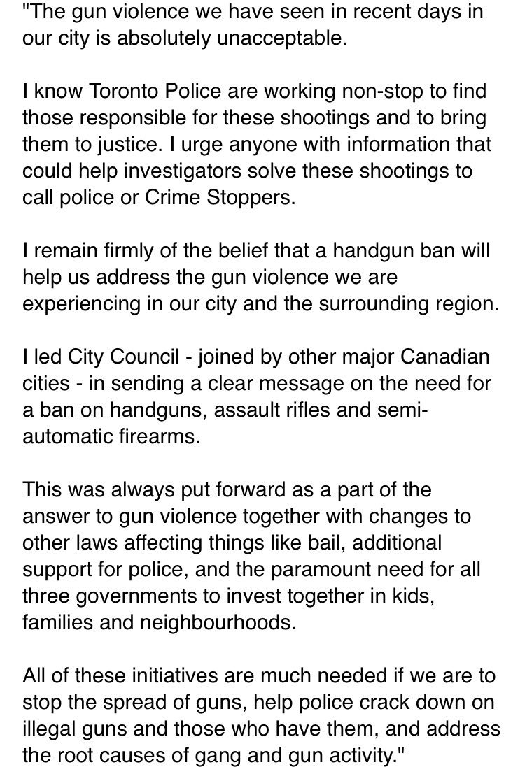 ShallimaMaharaj's tweet photo. Mayor John Tory releases statement on gun violence, calling it ‘unacceptable’ and adding his firm belief that a handgun ban will help address what is being seen on the streets of Toronto. @globalnewsto https://t.co/rNPlovRqXv