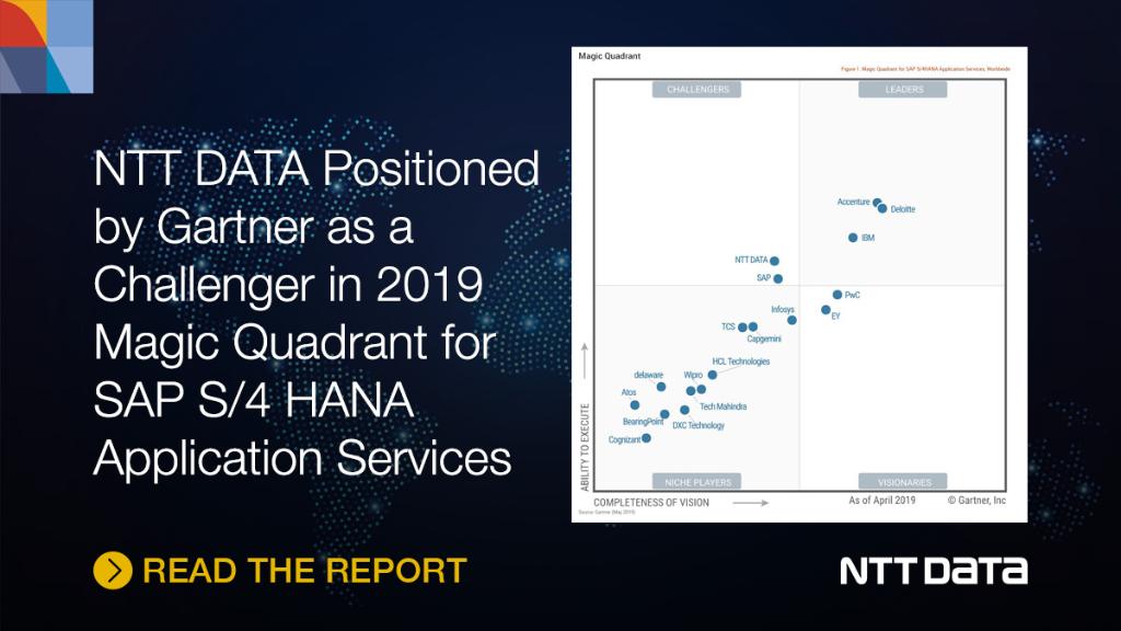 NTT_DATA_NA's tweet photo. NTT DATA has been positioned as a “Challenger” in the 2019 @Gartner_Inc Magic Quadrant for SAP S/4HANA Application Services, Worldwide report. Download the report #ApplicationSolutions:
https://t.co/SuDG9XE0ro https://t.co/xxeBUp2iSK