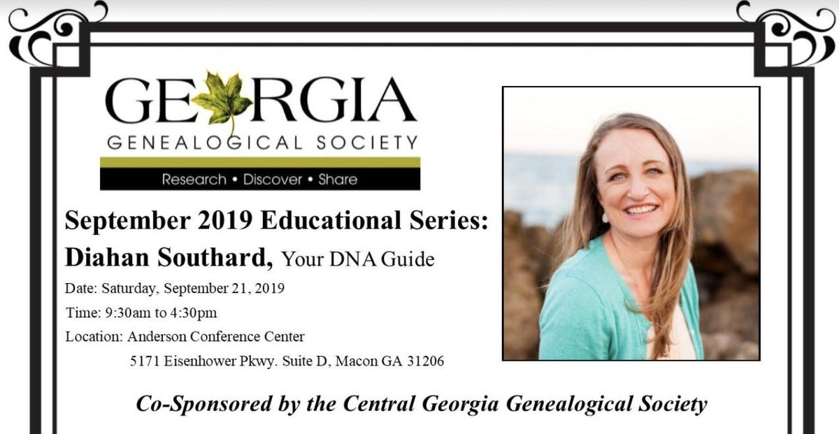 GaGenSociety's tweet photo. Diahan Southard––owner of Your DNA Guide (www.yourdnaguide)––is coming to Macon, GA (Saturday, Sept. 21, 2019) for a full day of #DNA! We hope you'll join us! Details &amp; registration at https://t.co/5pFWfpAjwb.
#genealogy #familyhistory, #ancestry, #heritage, @DNAdiahan https://t.co/Ba6T3P6bel