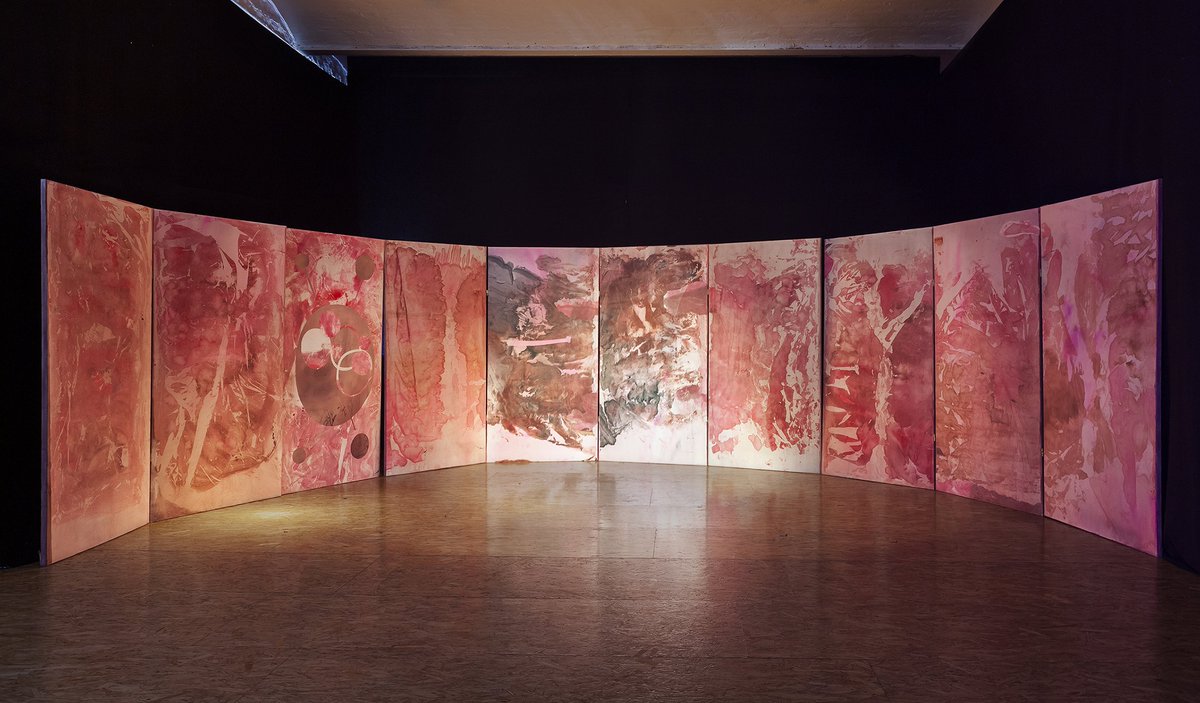 _MattFranco_'s tweet photo. "The Painting is an interpretation of the physical interior landscape of a living being. The four different red variations - the colour nuances of blood - recall the shapes of the organs; the Brain, the Stomach &amp; the Uterus." - Saverio Tonoli, scenographer for #AlphaWho? https://t.co/fAtC6rQEJv