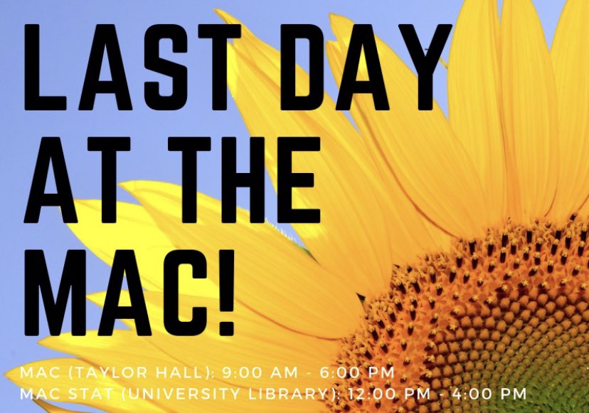 Today marks the end of Summer Session 2 for the MAC! We will keep regular summer hours for today, so be sure to stop in before your final exams 📝 Otherwise, we will see you Monday, August 26th when we open with our new Fall hours! #iupui #mac #macatiupui #finalexams #summeriupui