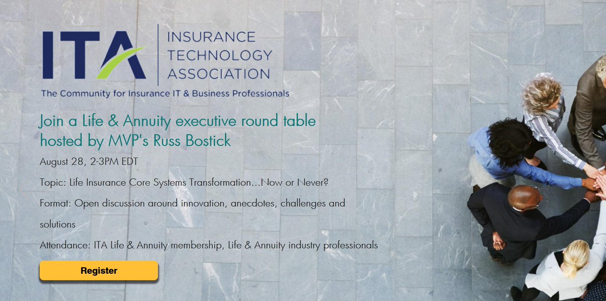 MVPAdvisoryGrp's tweet photo. Join an Executive Round Table on Life & Annuity core systems transformation hosted by MVP’s Russ Bostick on August 28 https://t.co/bF6dRc7O6C #lifeannuity #lifeinsurance #digitaltransformation https://t.co/gQX41g34n0