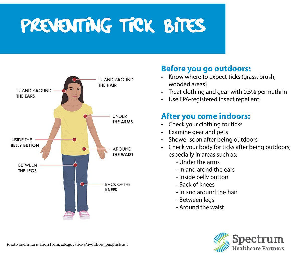 Preventing tick bites is so important! Check out these tips from the CDC on how you can stay safe while enjoying all the terrain Maine has to offer! #spectrumcares4me #tickprevention